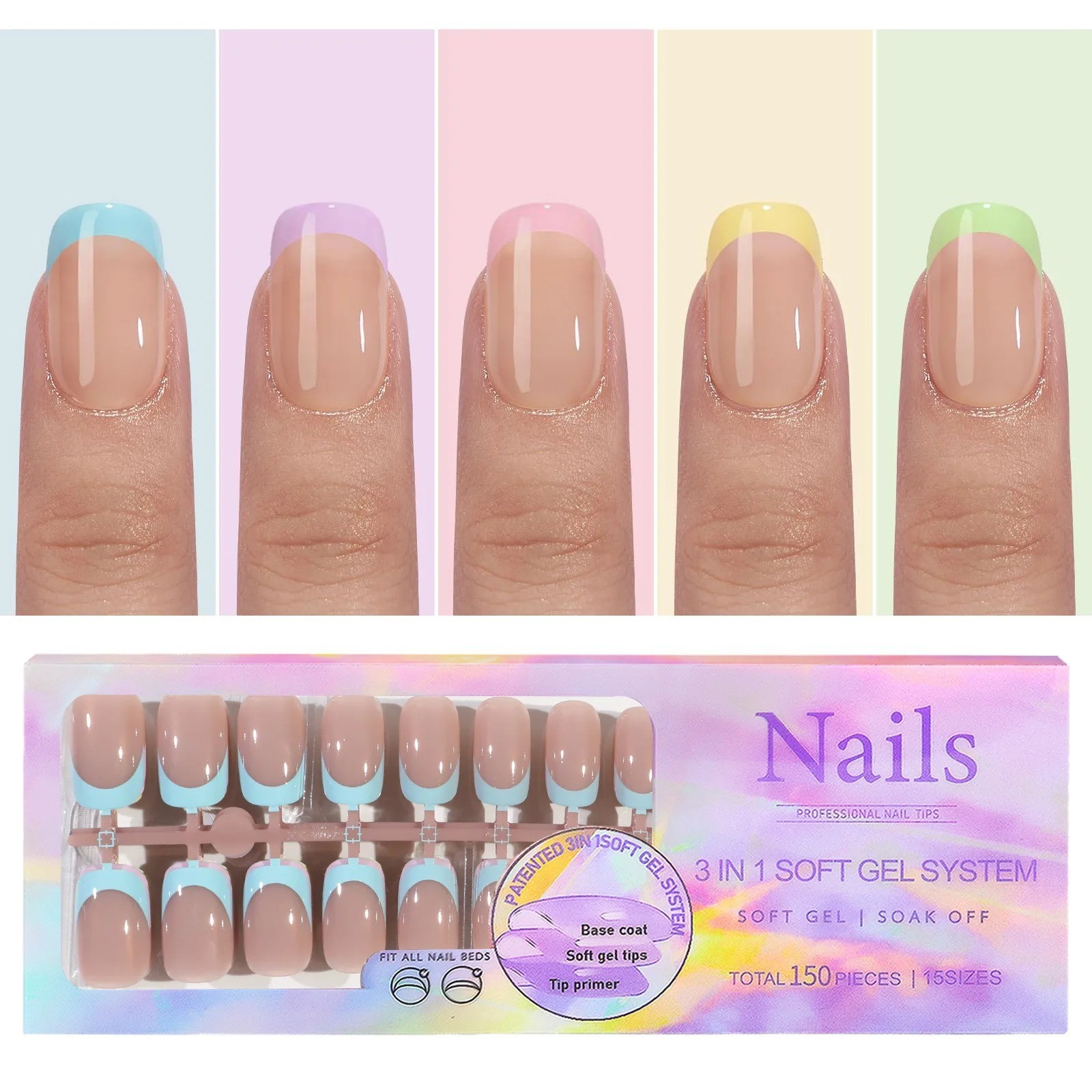 150pcs 6 Colors Fake Nail Multi-size False Nail Press On Acrylic Nails Almond Fr