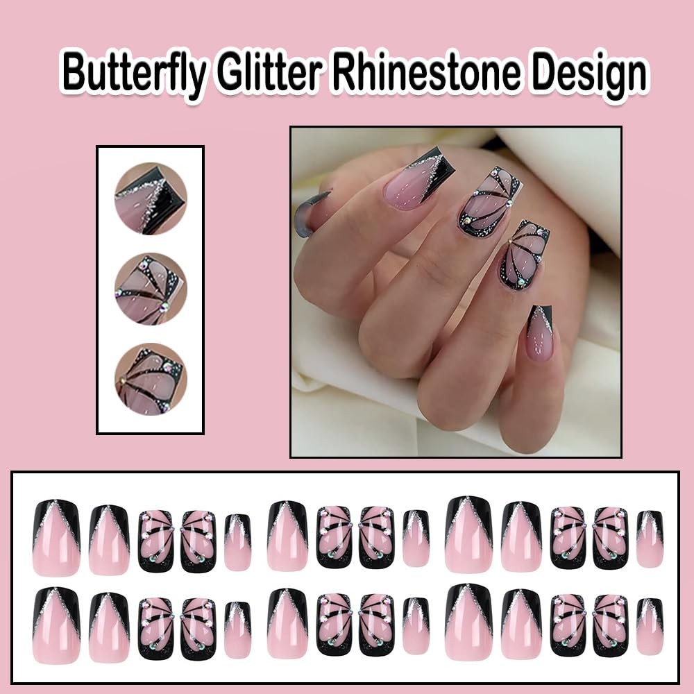 Black Press on Nails Short Medium Square French Tip Fake Nails with Butterfly…