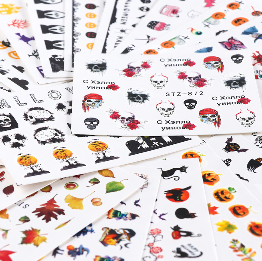 24 Sheets Nail Art Stickers Water Decals Transfers Halloween Graveyard Star NH15
