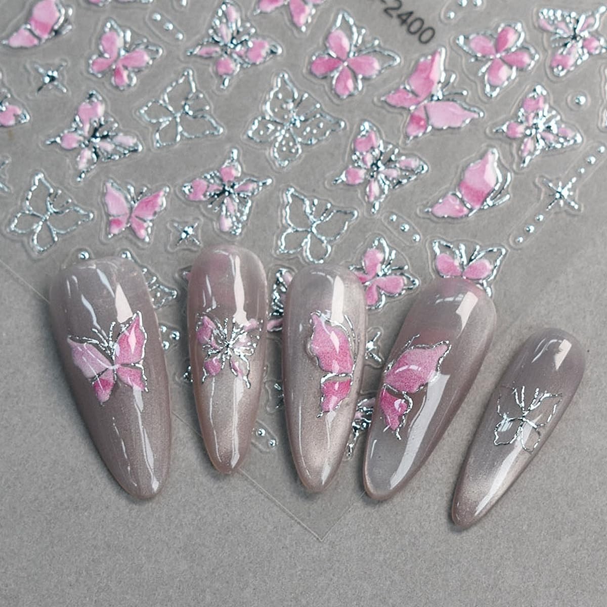 Umillars Butterfly Pink Purple 5D Embossed Nail Stickers 6 Sheets