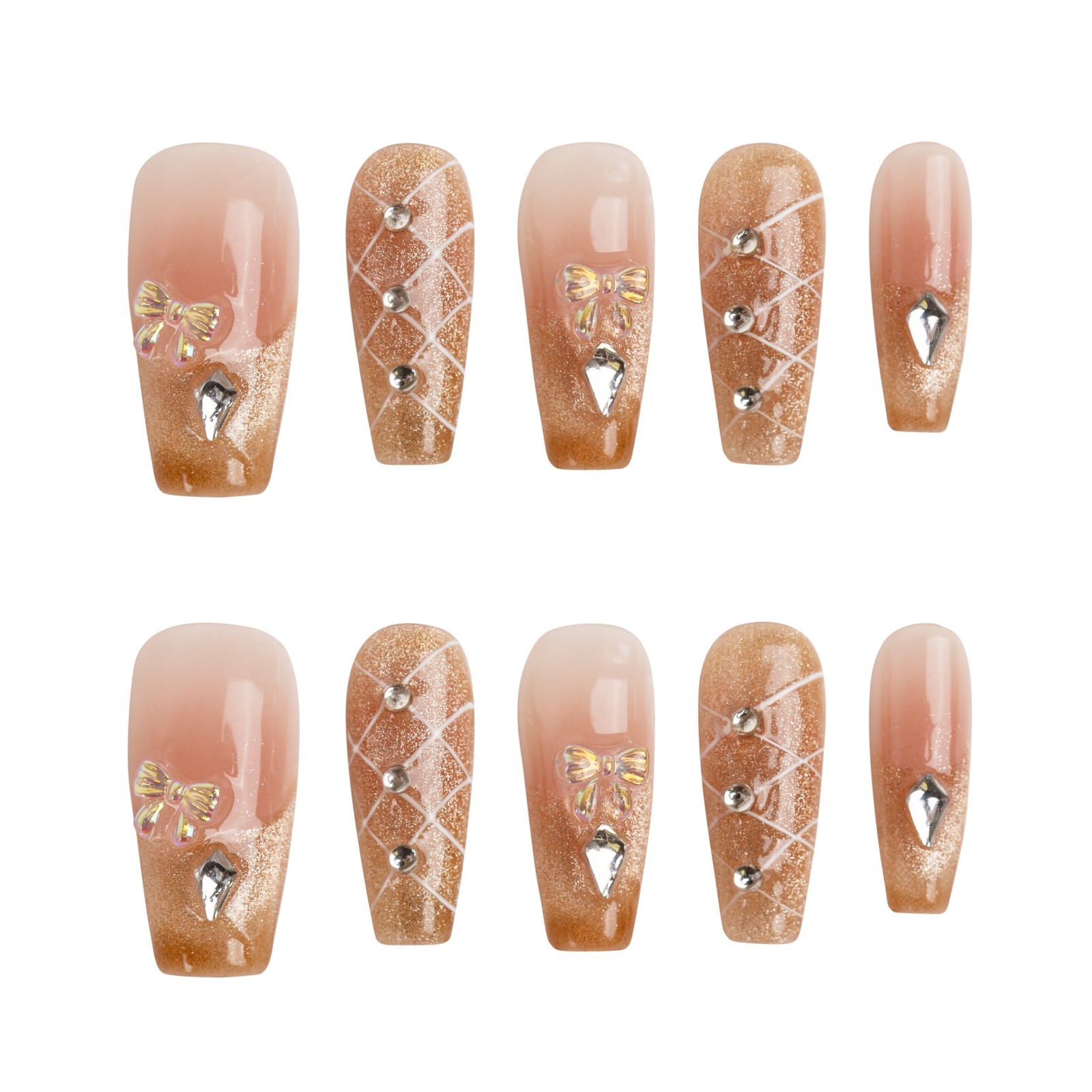 Handmade Press On Nails Medium Coffin Size S Nude Gold Bow Bling Crystal