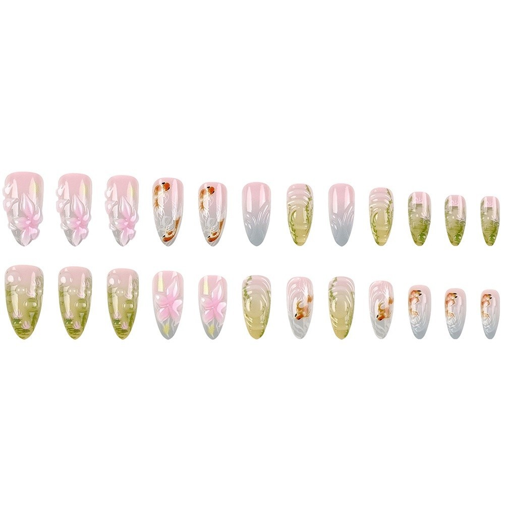 White Almond Press On Nail Stickers 24PCS 3D Floral Goldfish ABS Nail Art