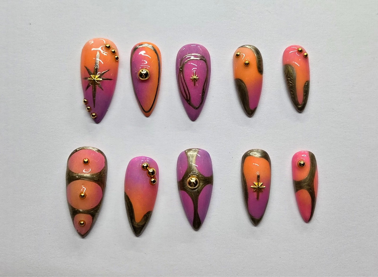 Handmade orange pink gold stiletto press on nails custom nails handpainted