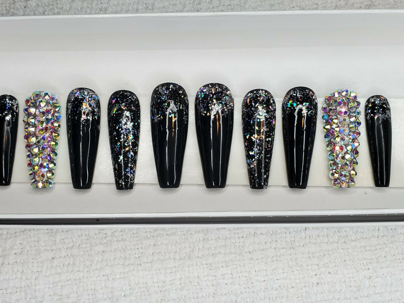 Black holographic glitter bling press on nails holo diamond crystal ballerina