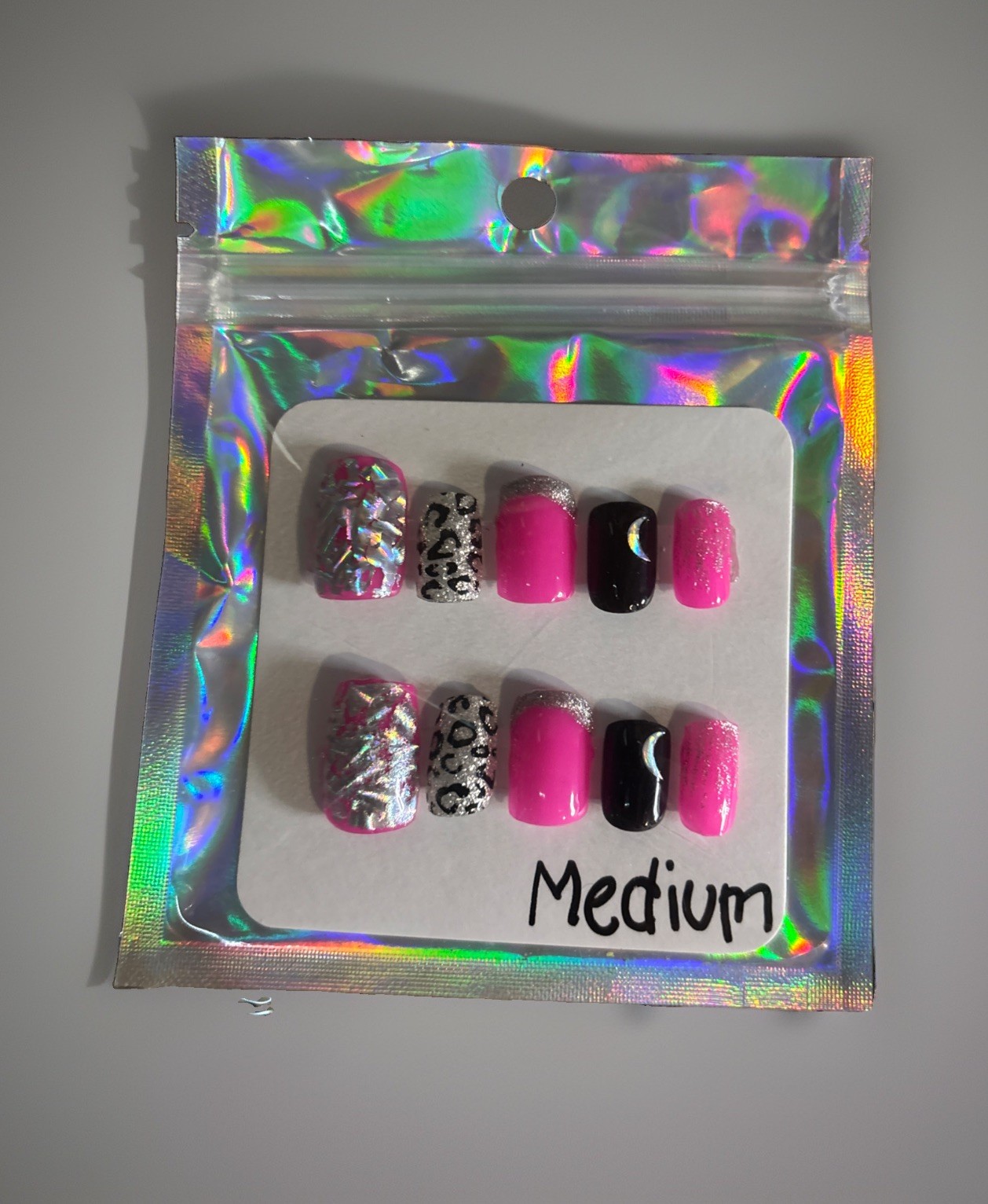 Silver, Pink And Black Press on Nails. Handpainted. Includes Prep Kit