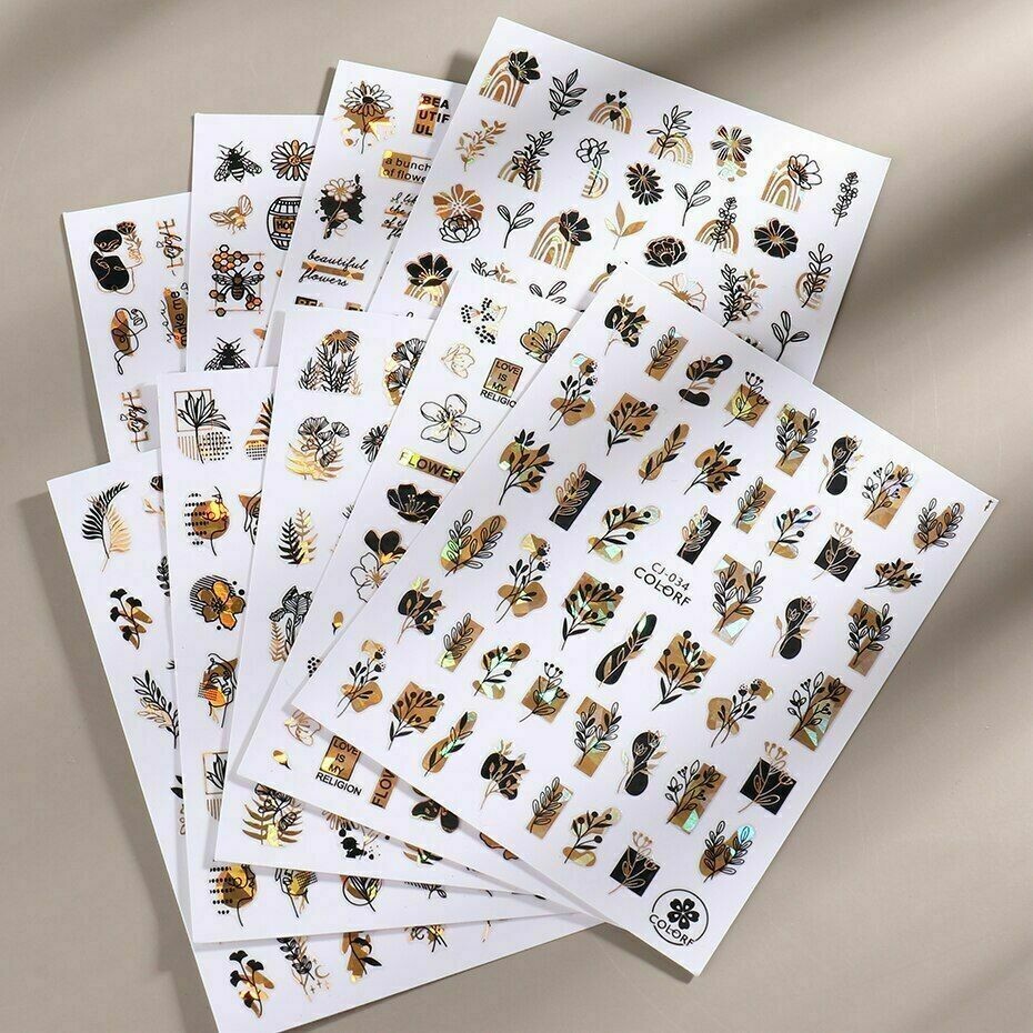 8Pcs Nail Art Sticker Black Gold Flower Clover Abstract Face Letter Slider NS18