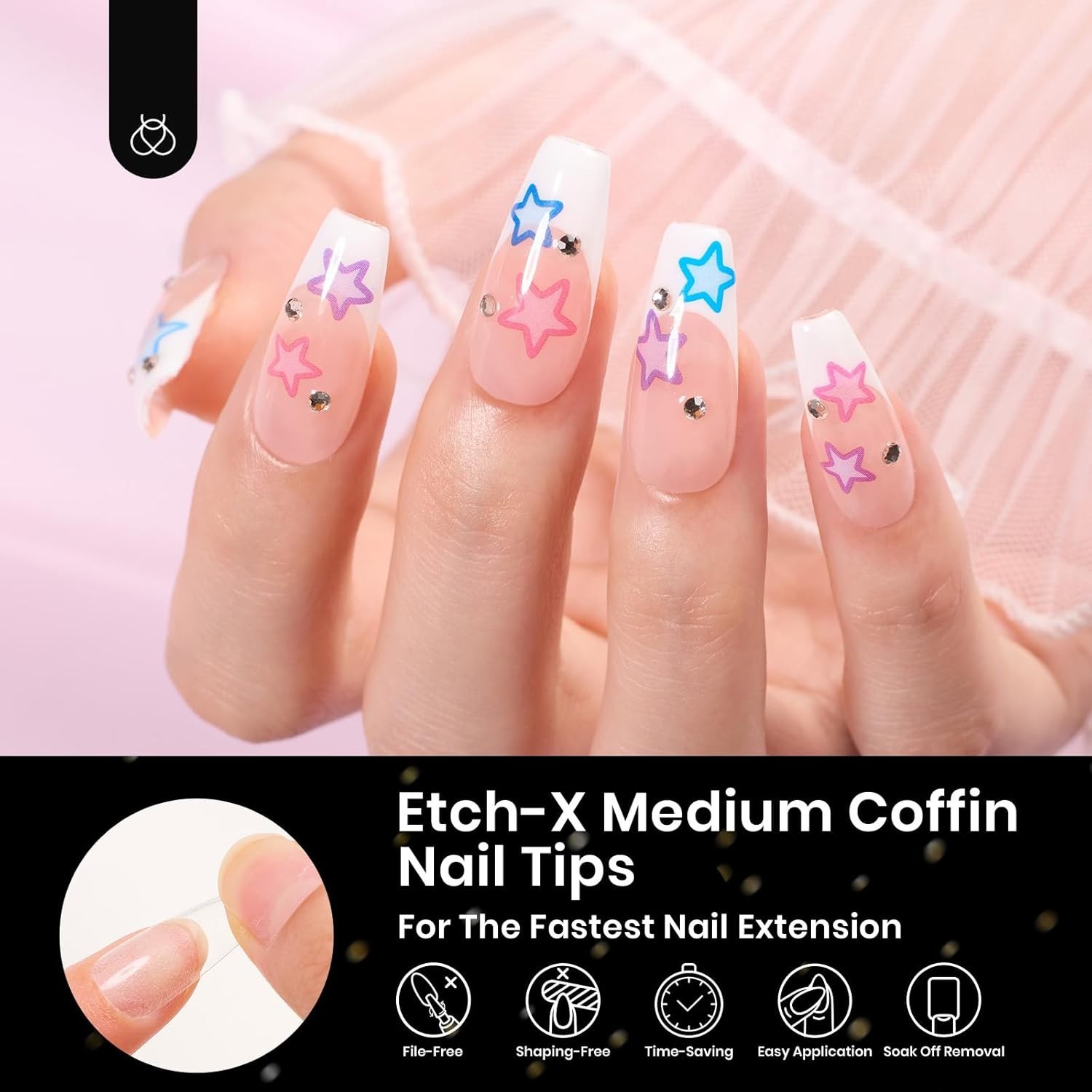 Beetles Medium and Short Coffin Gel Nail Tips Pre Etched 12 Sizes 576Pcs Kit