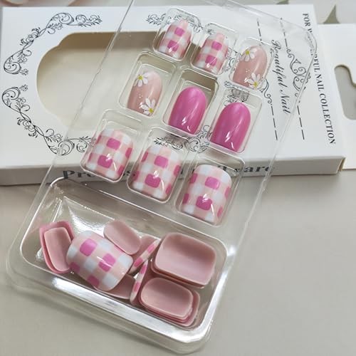 Flower Press on Nails – Spring Short Square Fake Nails with Daisy Gingham Pink
