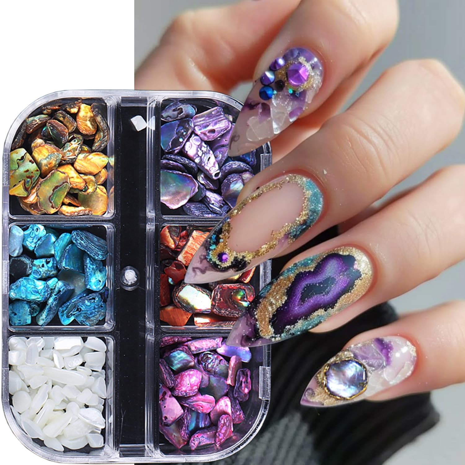 6 Grids Colorful Abalone Shell Stone Nail Gems and Charms 3D Irregular Stone …