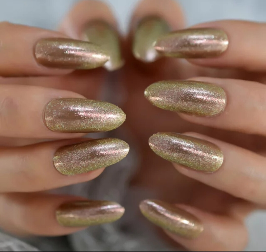 24 Press on nails kit w glue Long oval almond champagne glitter gold bronze rose