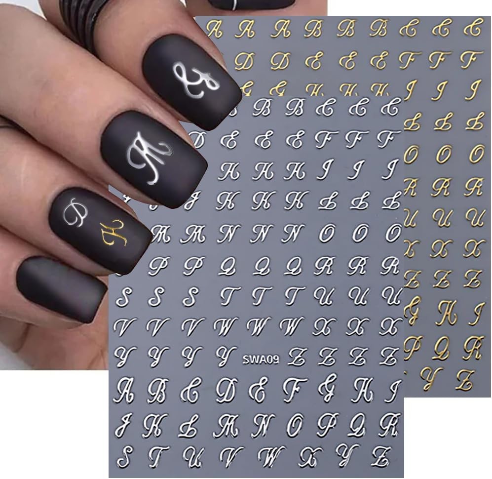 Letter Nail Stickers, 8 Sheets Old English Gold, Silver, Black and White