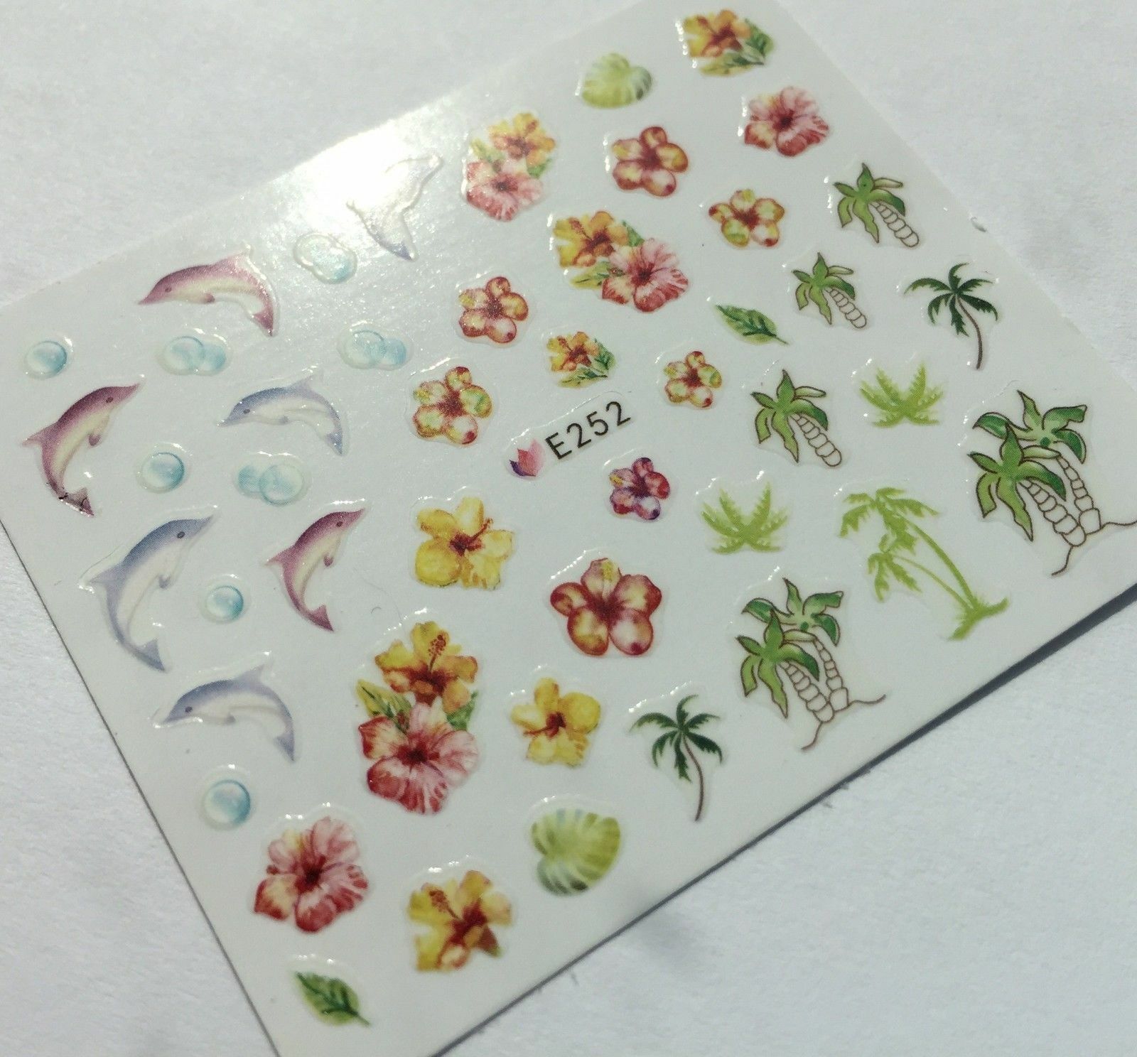 Nail Art 3D Decal Stickers Dolphins Tropical Flowers Palm Trees Bubbles E252