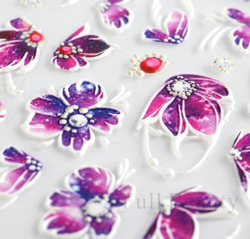 5D Blue Purple Lace Butterfly Flowers Nails Art Stickers Embossed Decals NS42