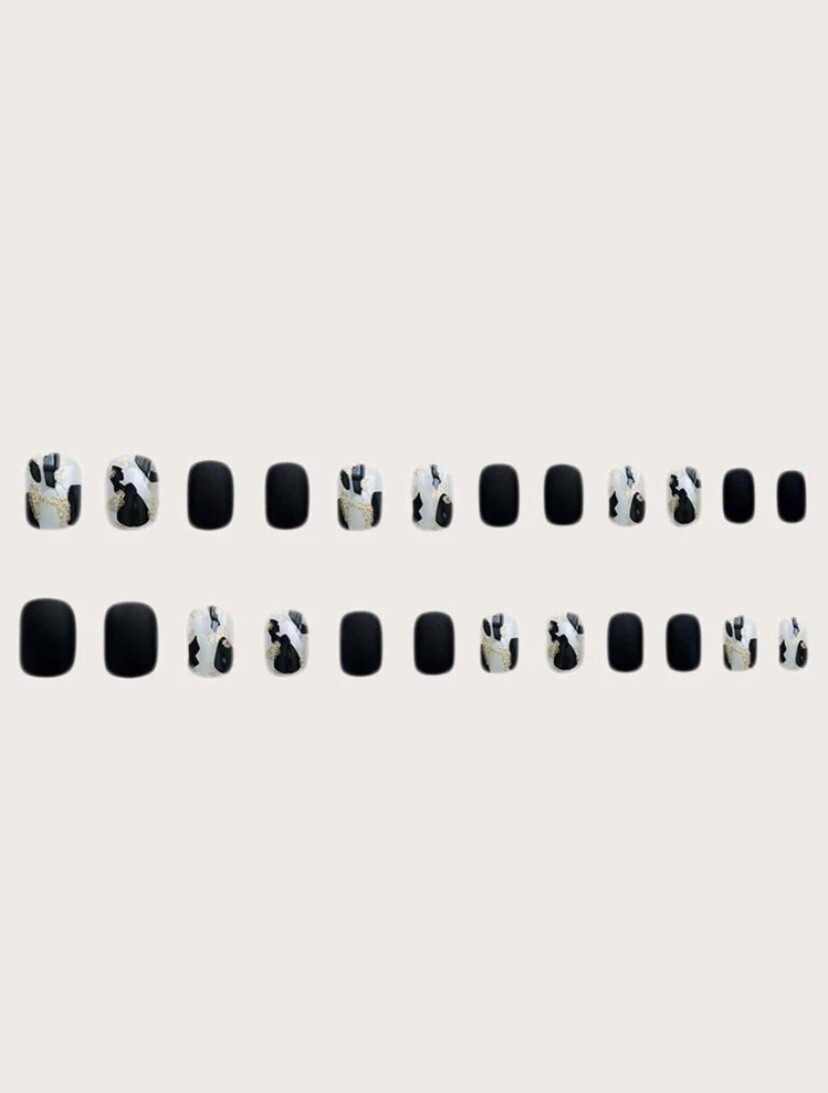 FULL COVER *Black* SHORT Press On 24 Pieces Nail Tips Kit With Glue