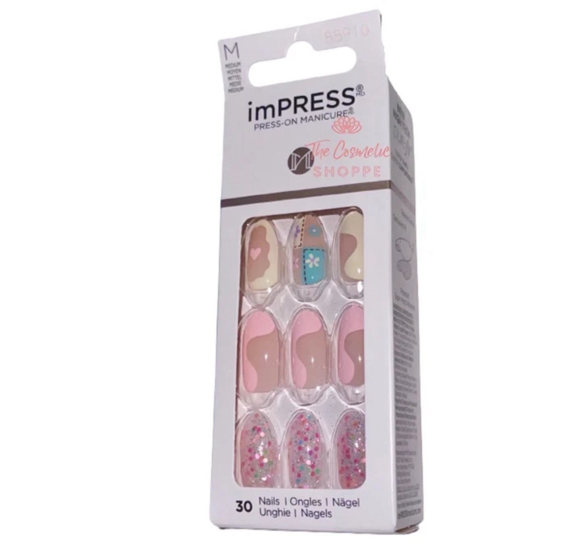 NEW KISS imPRESS Medium Length Press-On Pink Yellow Patchwork Easter Nails x1