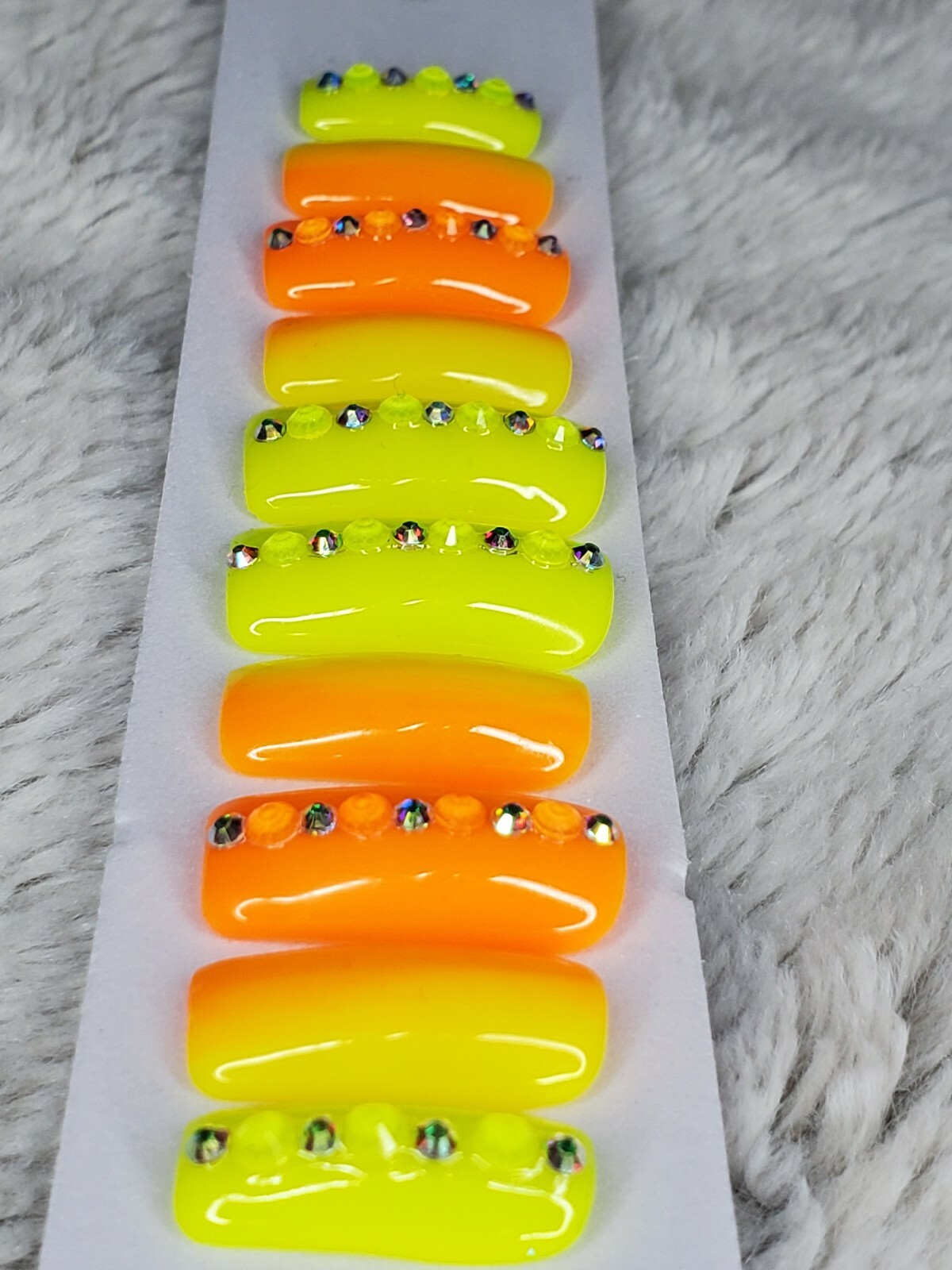 Neon Rainbow ombre bling w/crystals Gel Press On nails square orange yellow