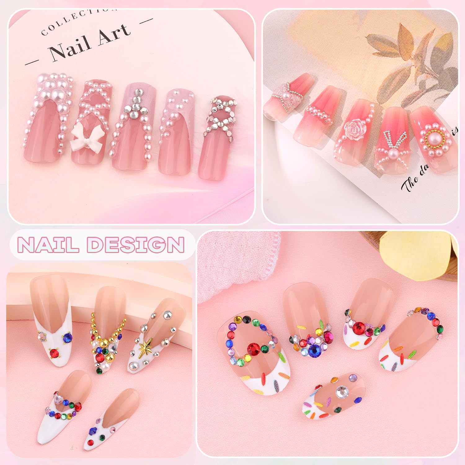 8000Pcs Nail Pearls and Colorful Rhinestones for Nail Art, White Pearl Nail Char
