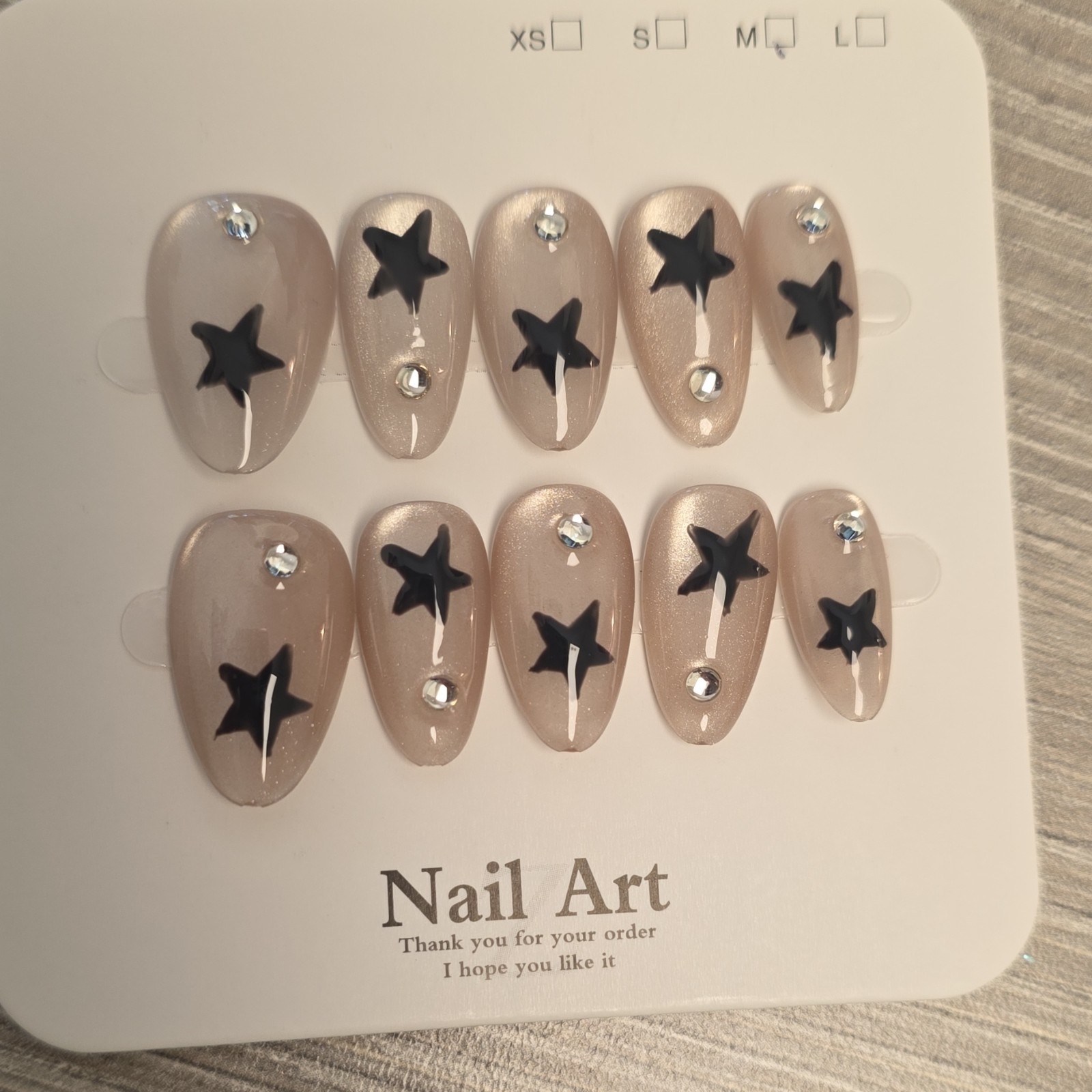 Beige Black Shiny 3D Diamond Star Medium Oval Press-On Nails Set Full Cover