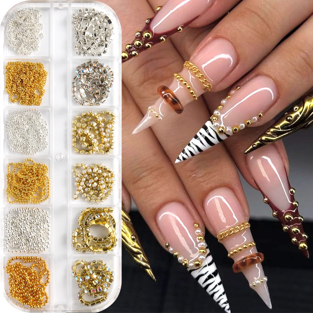 3D Metal Nail Art Chains Gold Silver Nail Decoration Personality Nail Jewelry