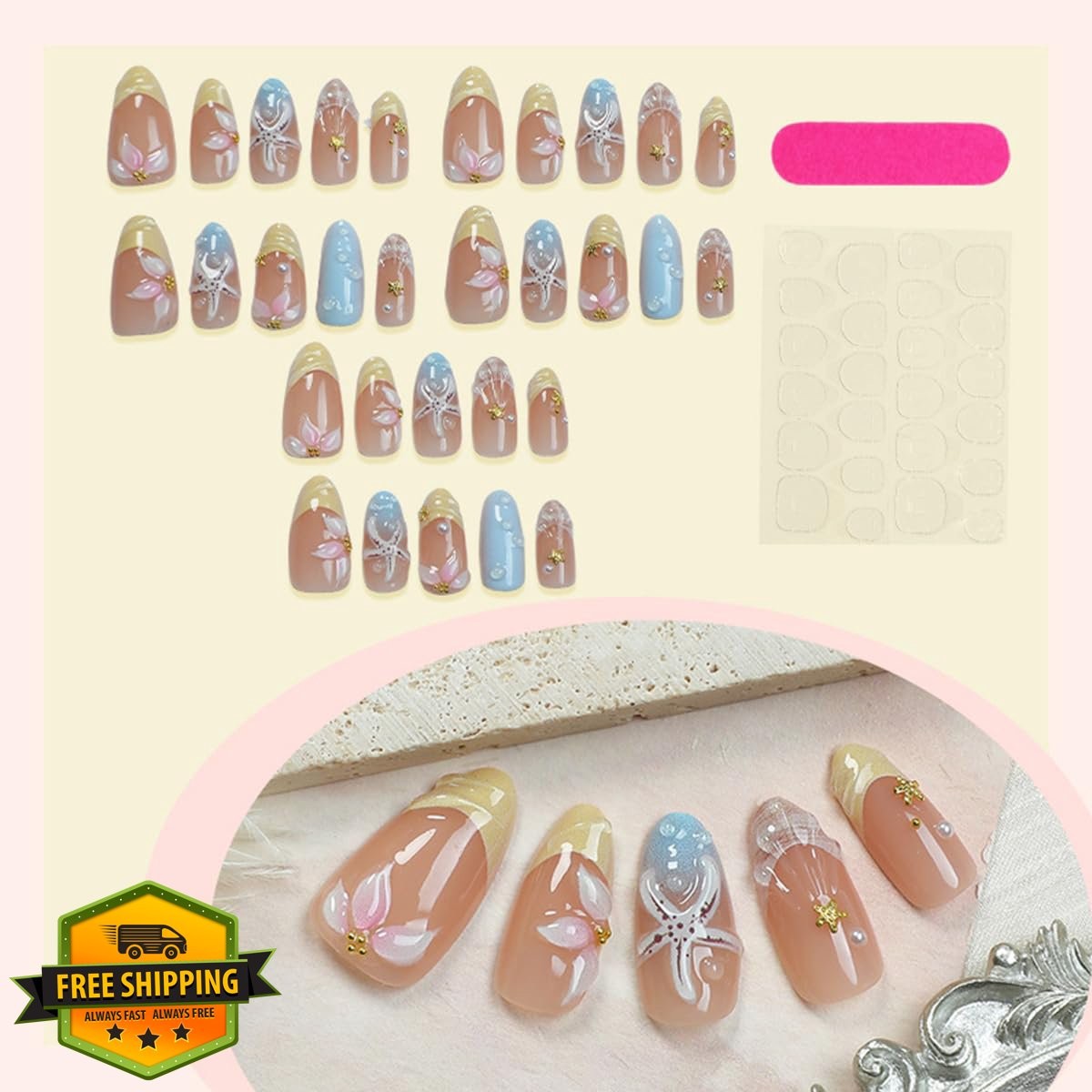 OSTTMA Medium Almond Press on Nails Starfish Shell