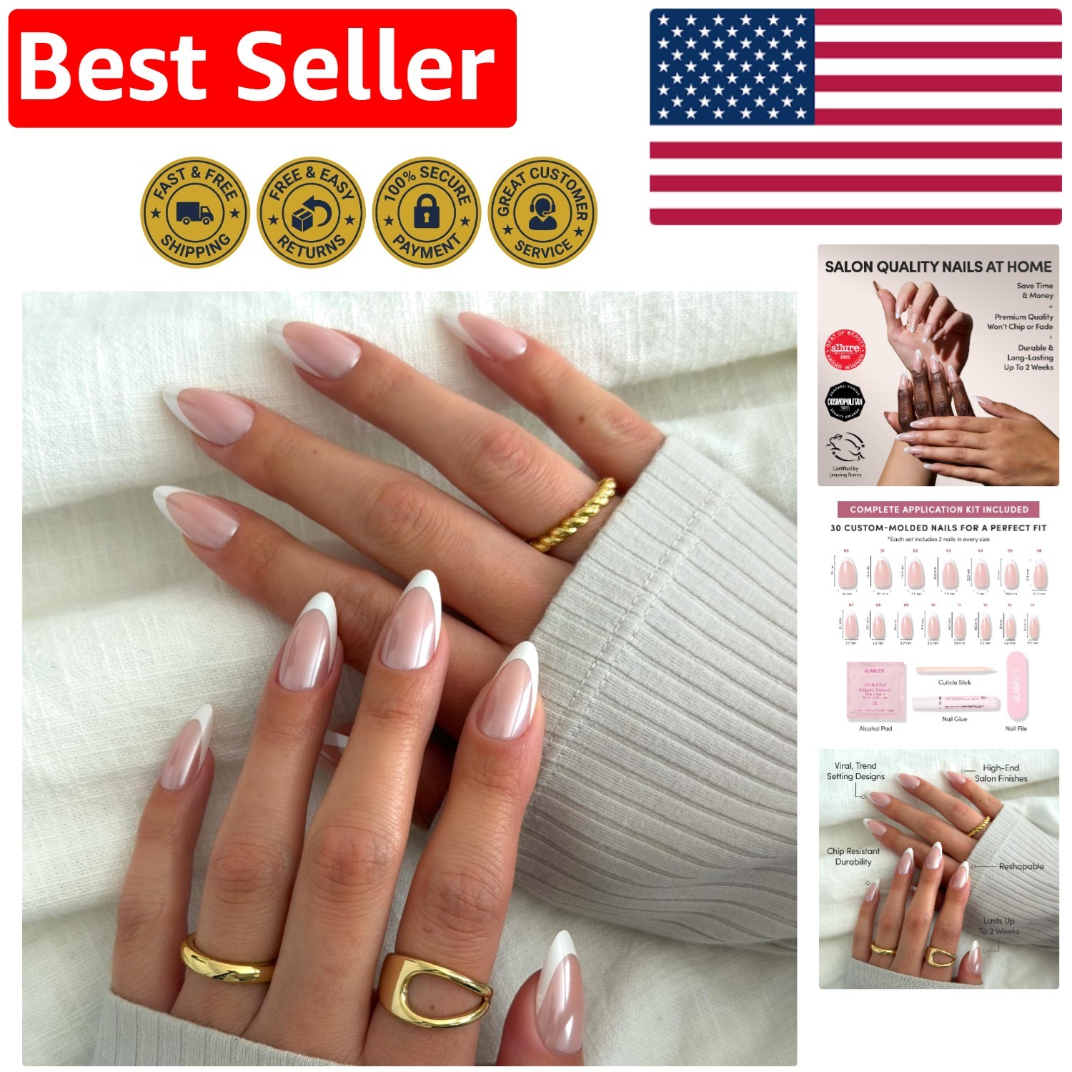 Salon Quality French Tip Press-On Nails – 30 Count Mother Pearl Almond Style