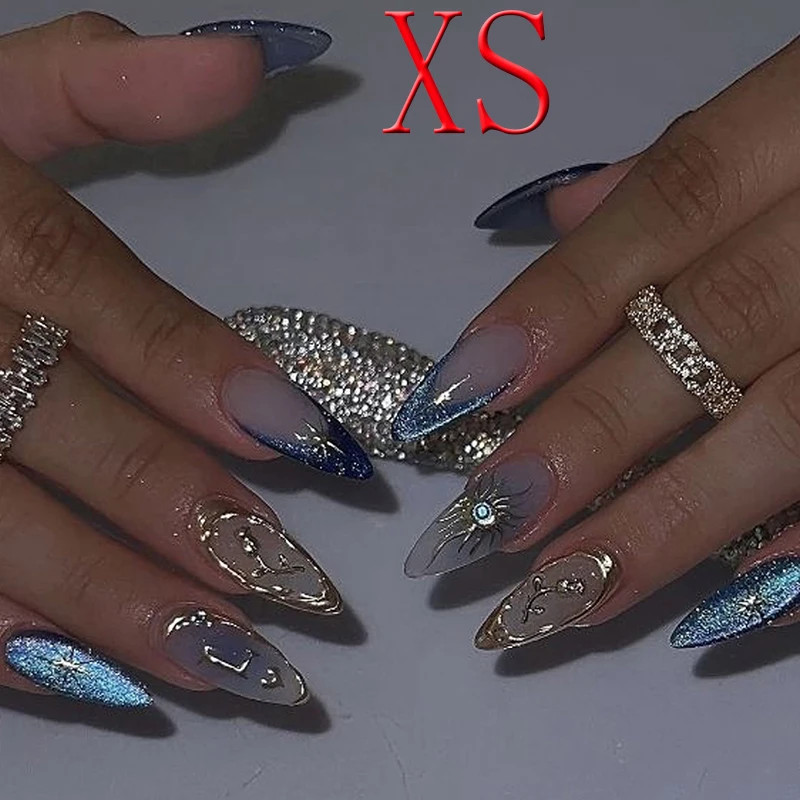 10PCS Medium Almond Nails 3D Rose Sunflower Blue Acrylic Press On Nails