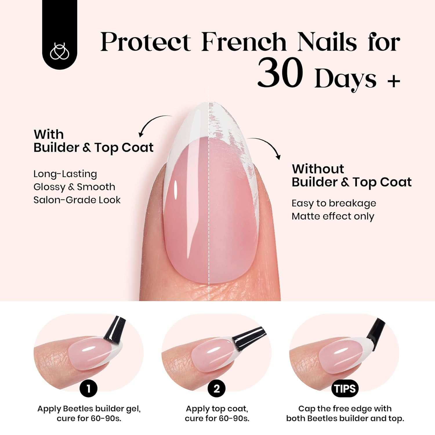 Beetles French Tips Press on Nails: 224 Pcs Pink Short Almond Press on Nails, Re
