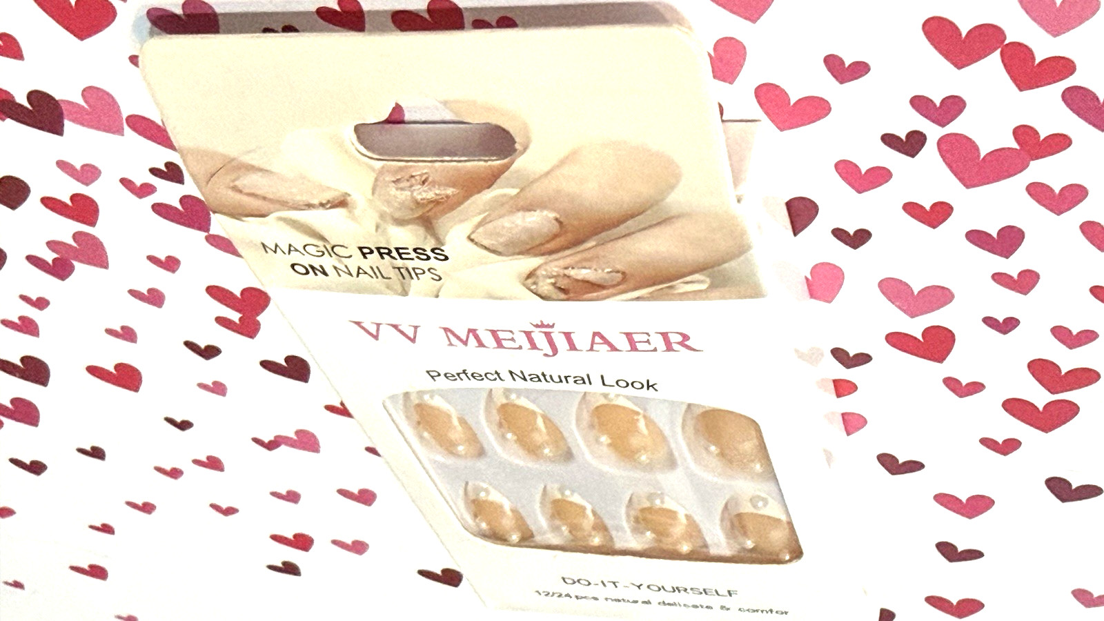 VV Meijiaer Magic Press On Nails Natural Look NUDE with WHITE FRENCH TIP & PEARL