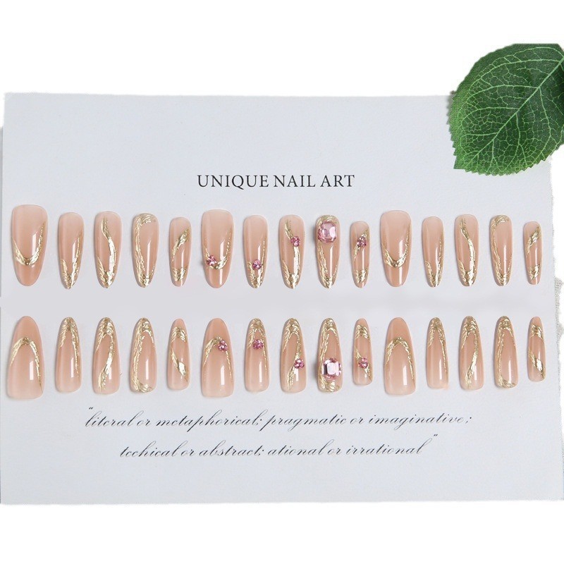 60p Stiletto Press on Nails, Nude Gold Foil Ruby Rhinestone Luxury Wedding Nails