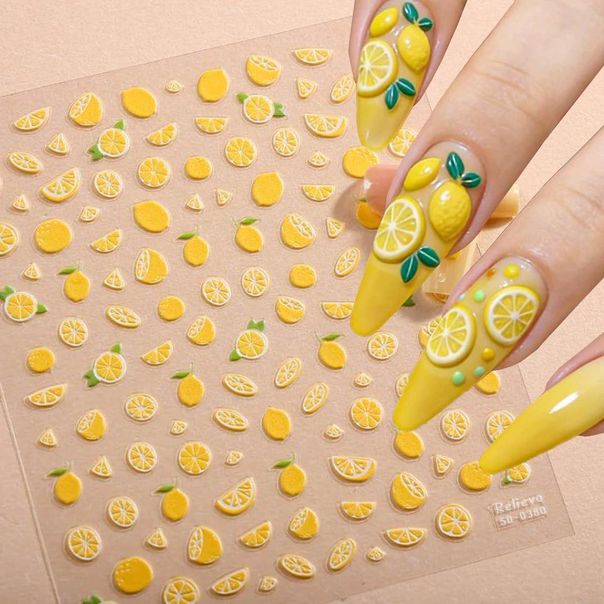 Lemon Nail Art Stickers Decals 5D Embossed Summer Lemon Nail Decals 1PCS Fruit S
