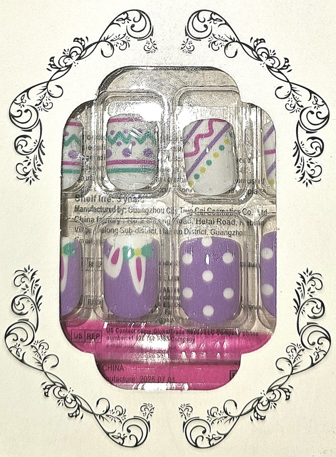 Press-On Nails Easter Bunnies Lavender Dots White Short Shiny