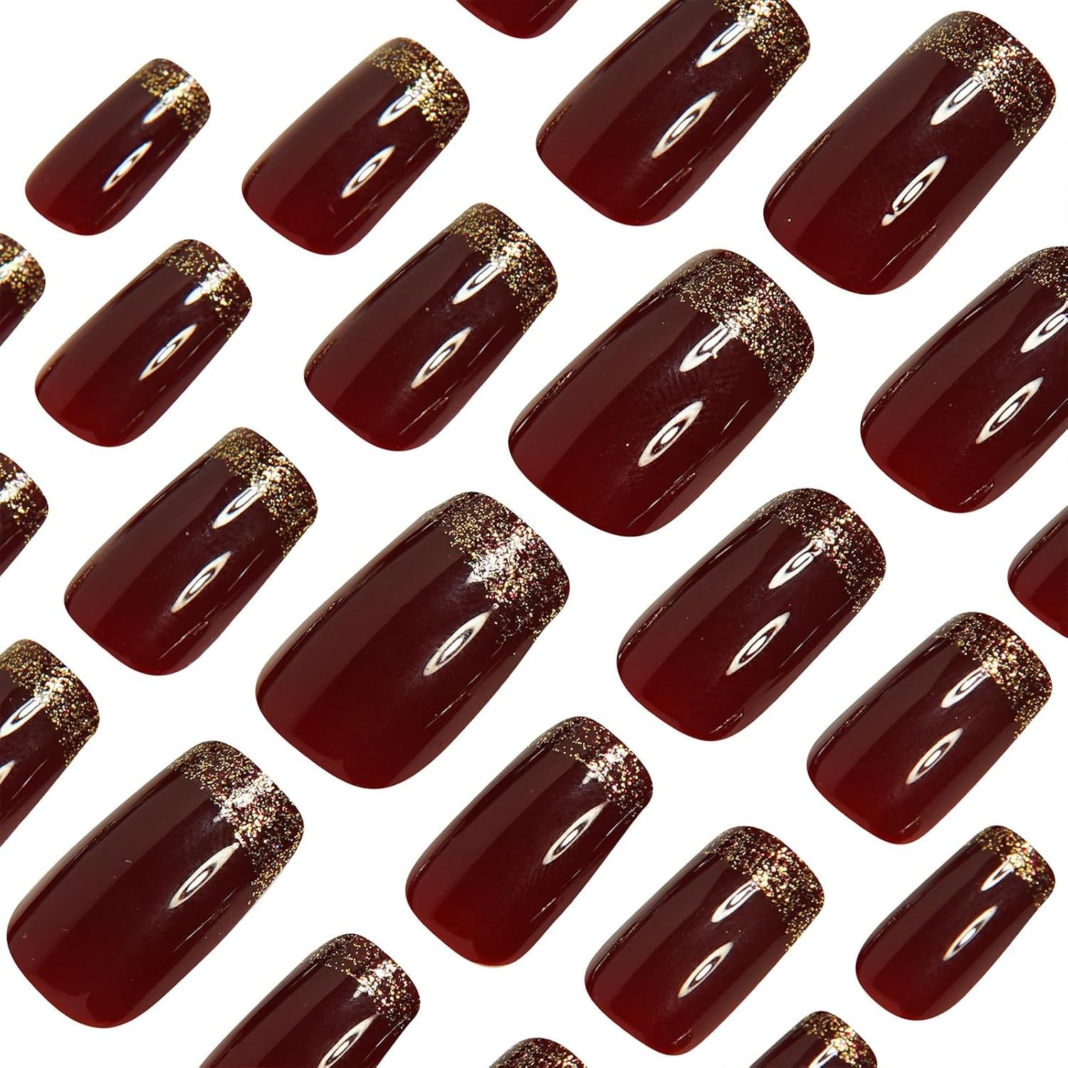 Square Press on Nails Medium Fake Nails with Designs Gold Sequins Stick on Na…