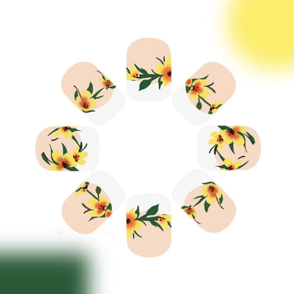 White French Tip Press on Nails Short Square False Nails – Yellow Flower Desi…