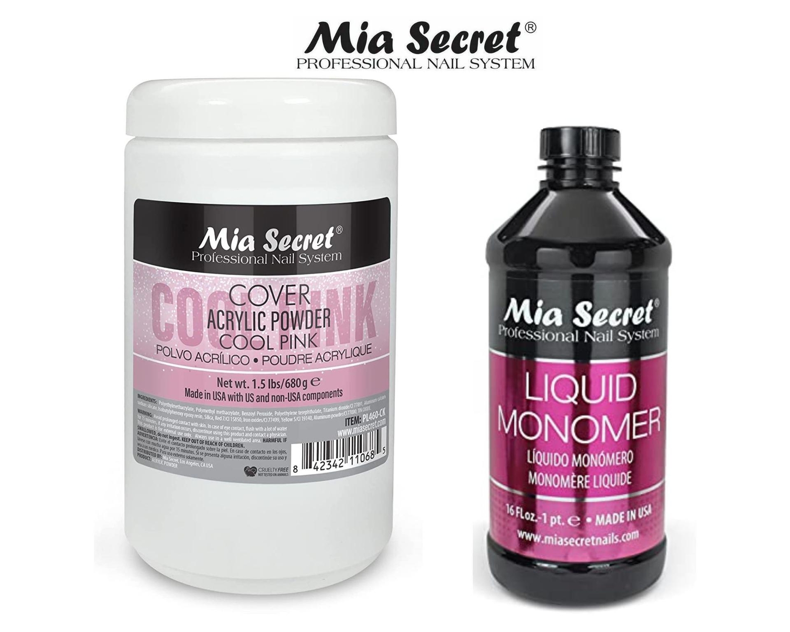 Mia Secret Liquid Monomer 16 oz & Cover Cool Pink 1.5 lb