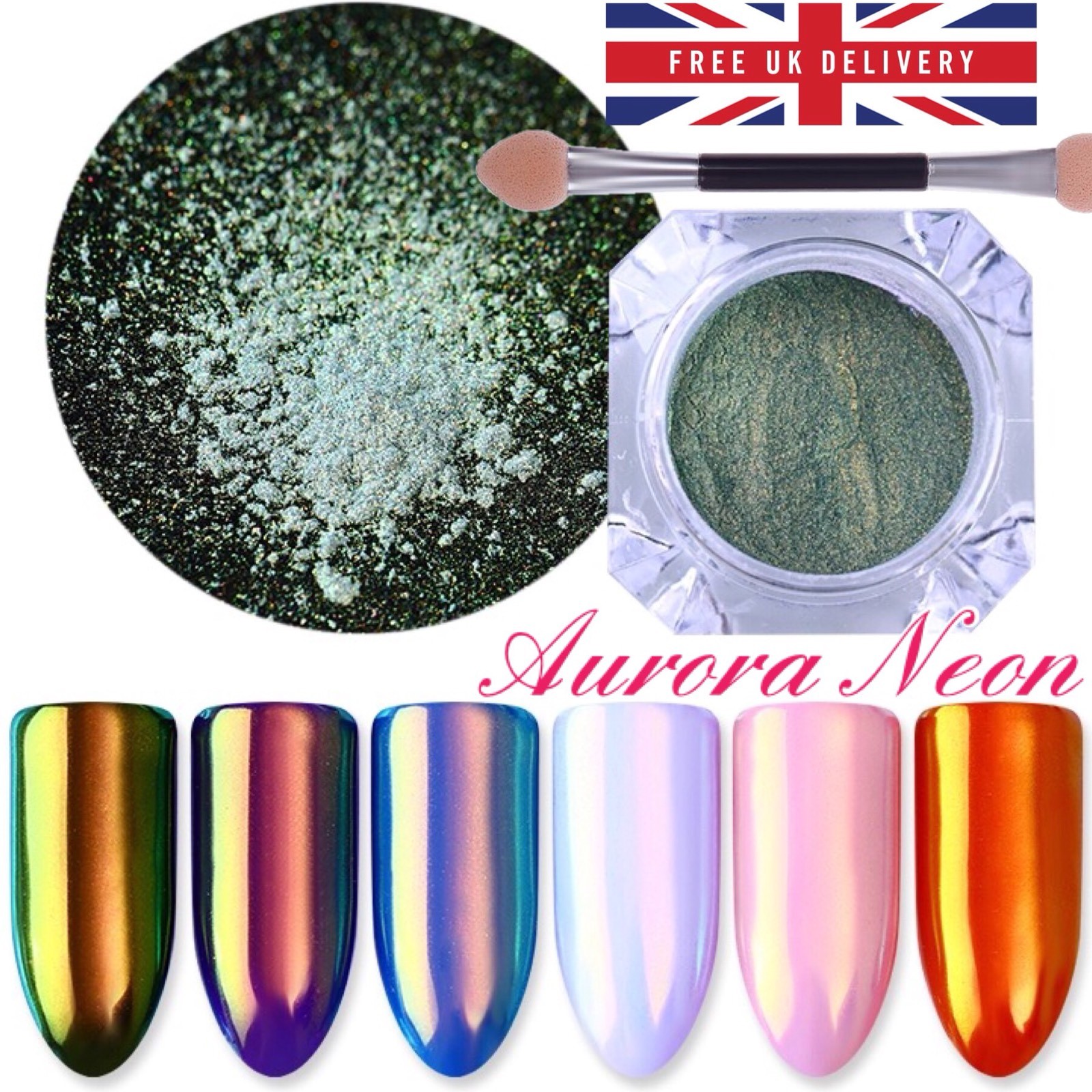Neon Aurora Unicorn Nail Powder Mermaid AB Mirror Rainbow Shimmer Shine Effect