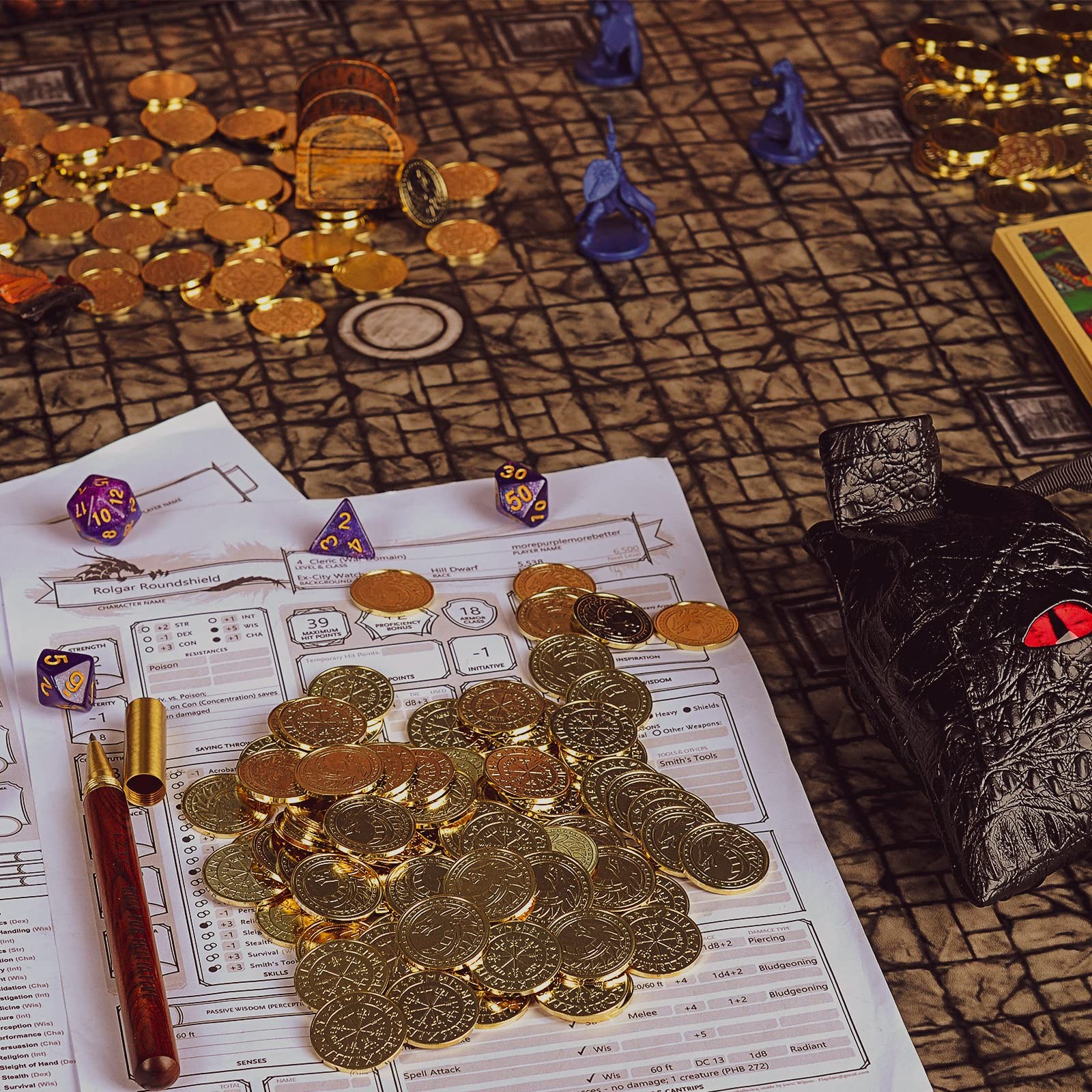 DND Fantasy Coins 50 Antique Gold Metal Treasure Tokens with 51 Piece Set