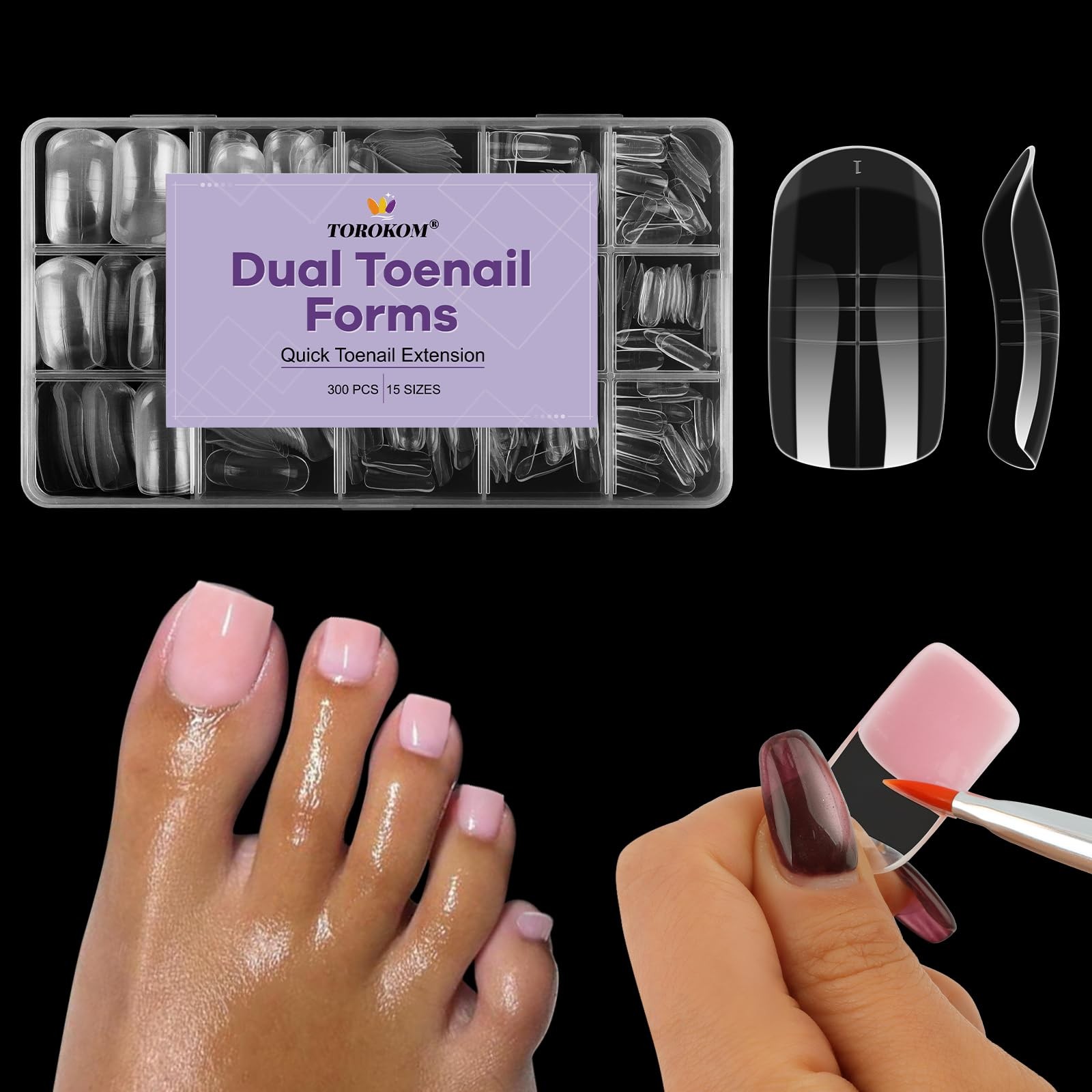 TOROKOM 300 Pcs Toe Nail Forms for Poly Extension Gel, Toenail Dual Forms Reusab