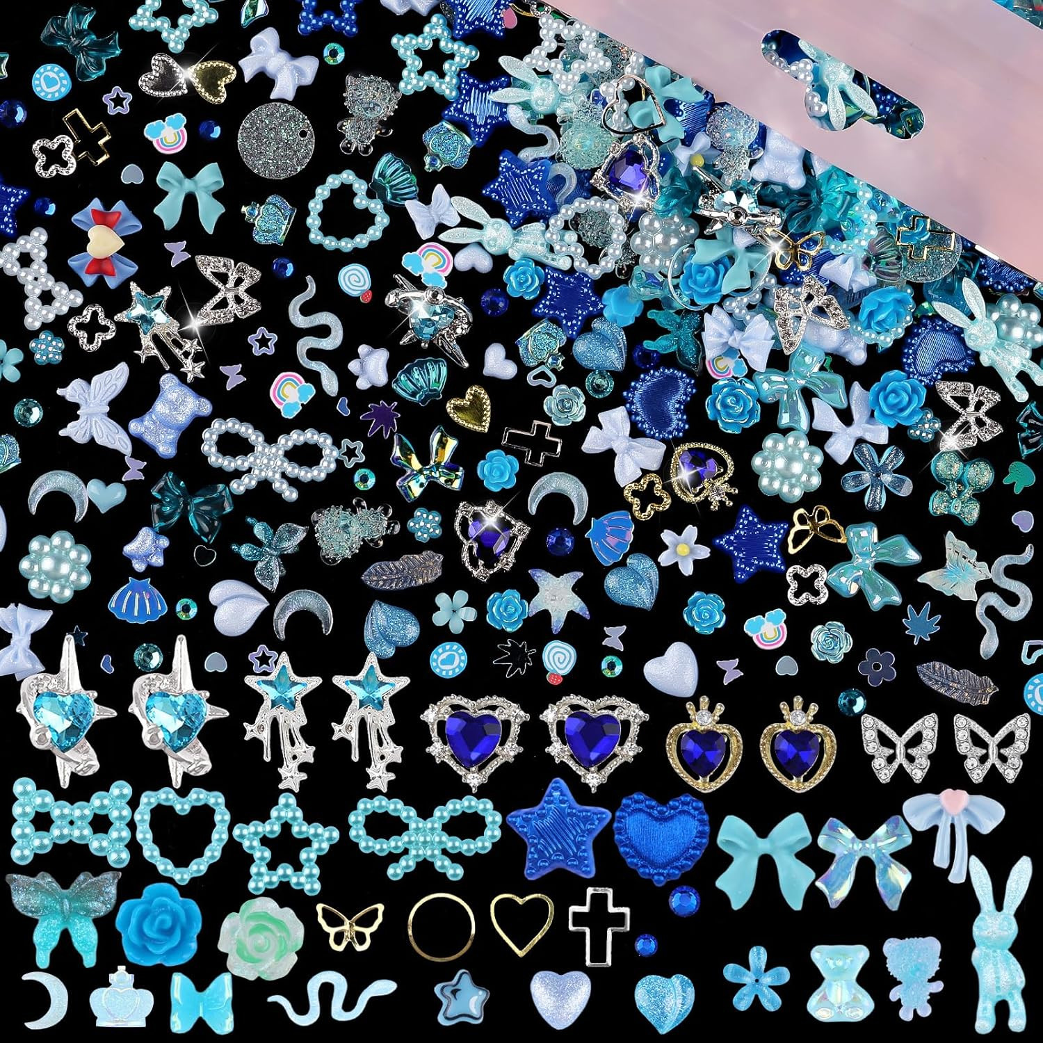 650Pcs 3D Nail Charms Set with Rhinestones, Pearls, and Metal Gems (Blue)