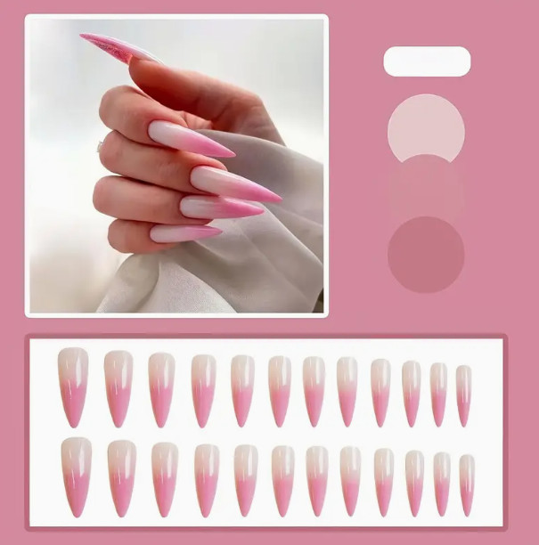 24 Pcs Press-On Nail Long Stiletto – Pink & White Ombre – Glossy