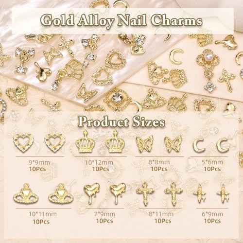 100 Pcs Gold Nail Charms and Gems, Gold Dangle Star Bows Nail Gems Gold-Set 2