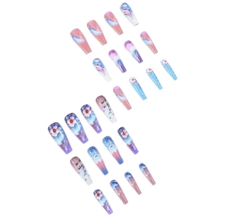 24pcs Romantic Love Clouds Long Coffin Press On Nails Boxed With Glue & Tabs