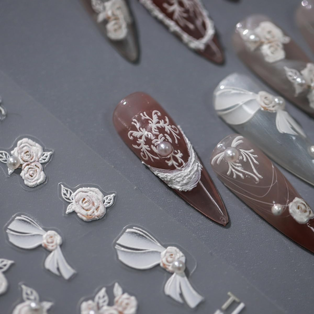 White Flower Nail Sticker 5D Embossed Pearl Flower Nail Art Sticker Self Adhesiv