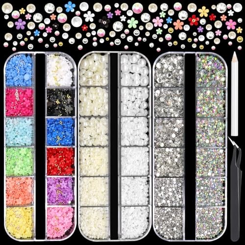 Colorful Flower Nail Charms White&Beige Flatback Pearls for Nails Multicolor