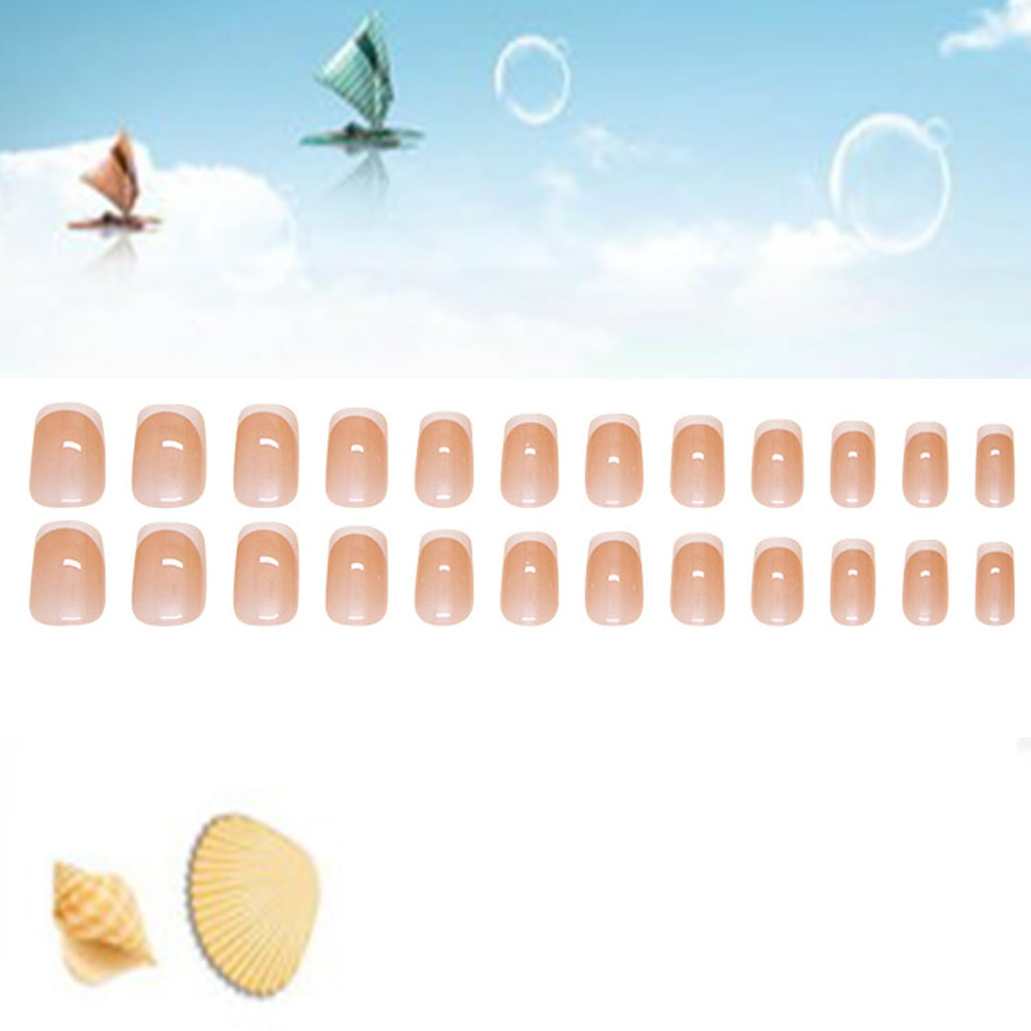 White French Press on Short Square Nude False Nails with Design Charm Acrylic Ar