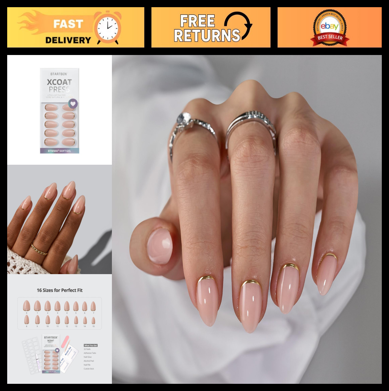 Almond Press On Nails Kit – Short Gold Foil Stick-On Nails with Glue, 32 Pieces
