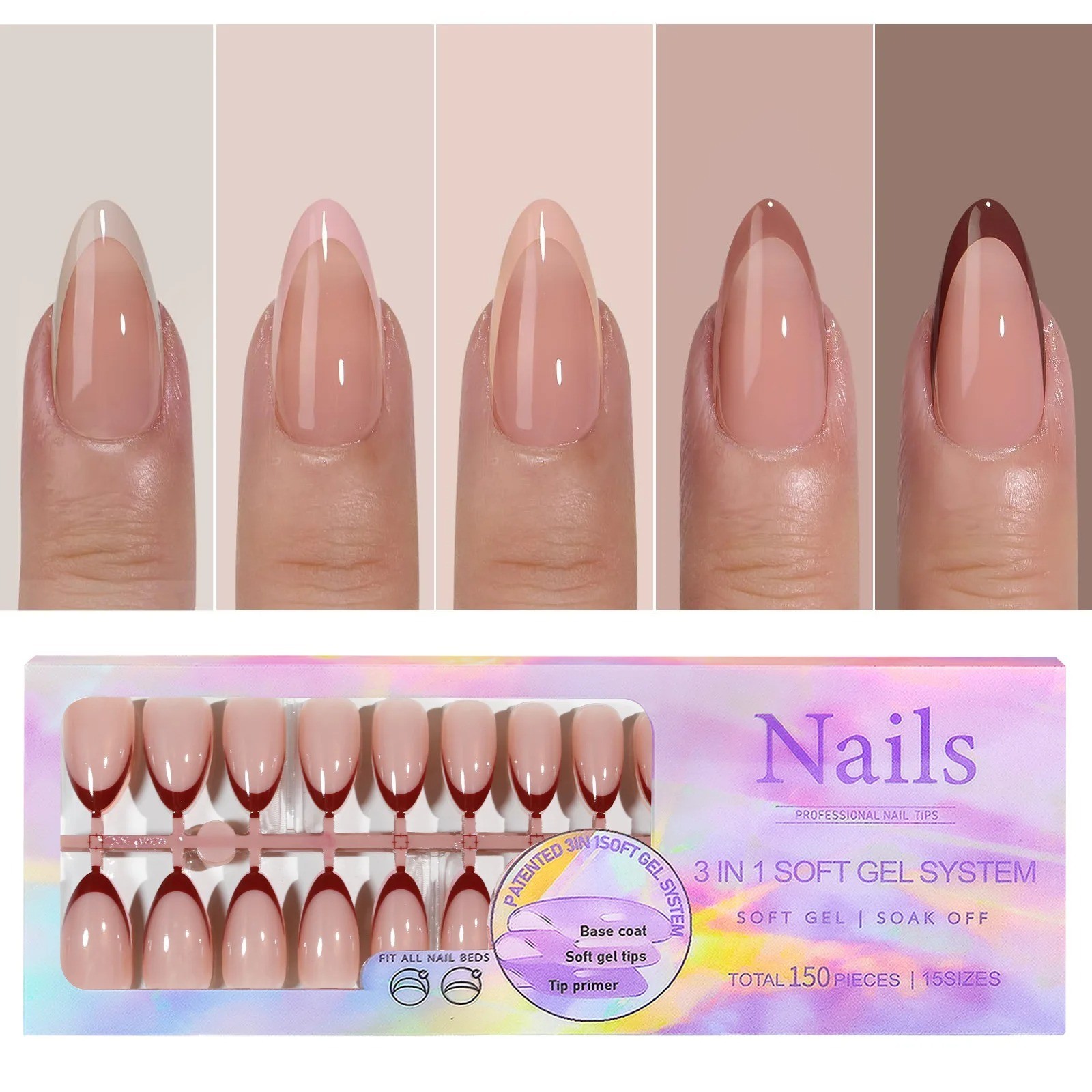 150pcs 6 Colors Fake Nail Multi-size False Nail Press On Acrylic Nails Almond Fr