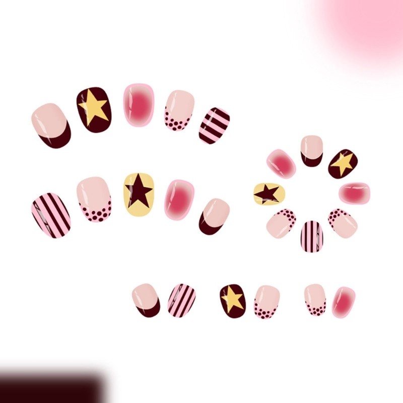 Trendy Polkas Dot Striped Press On Nail With Five Point Stars For Women Party