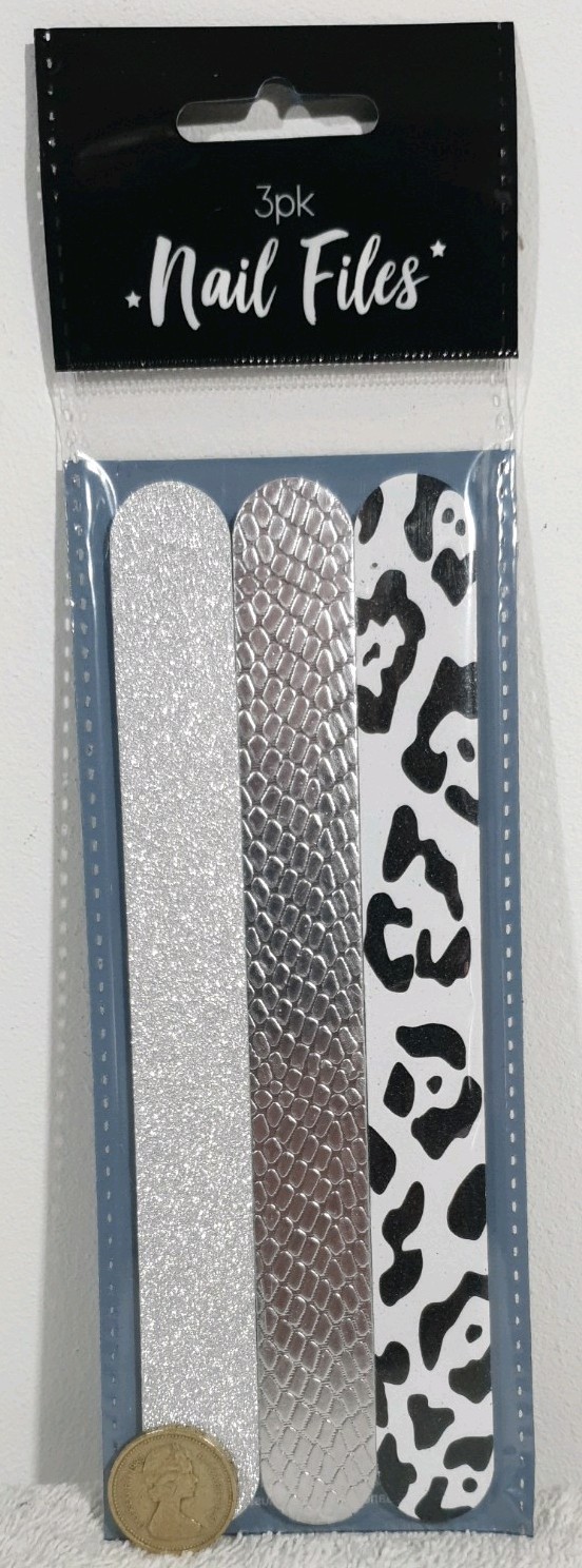 3x Sparkly BLACK/SILVER Cute Nail Files Emery Boards 3 Pk New Pretty Nail Files