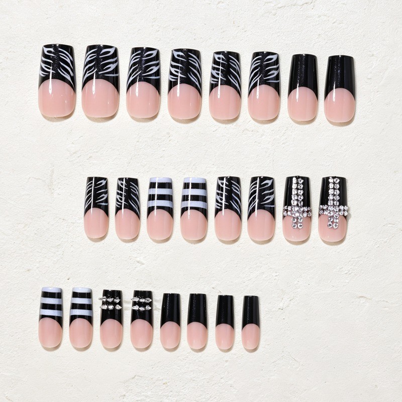 48Pcs Coffin Press on Nails, Black White Zebra Rhinestone Cross Cool Fake Nails