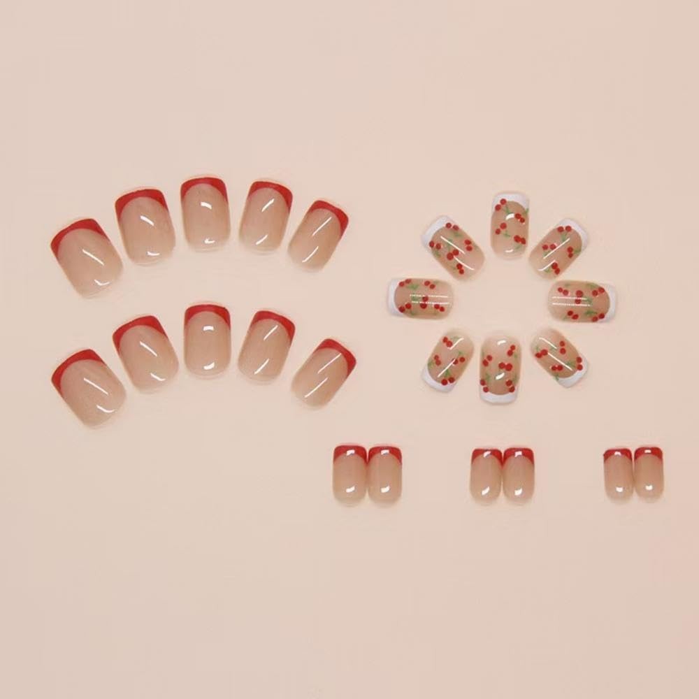 Cherry Press on Nails Short Square Fake Nude Glossy False Short, S07